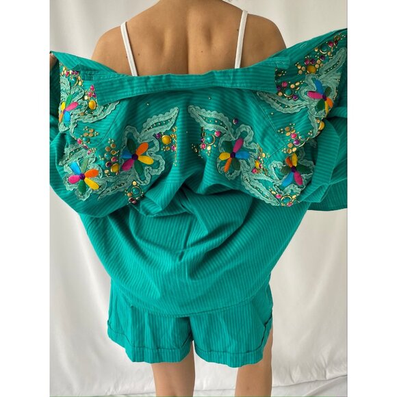 80s vintage embellished funky button up shirt shorts 2 piece matching coord set - Picture 6 of 11